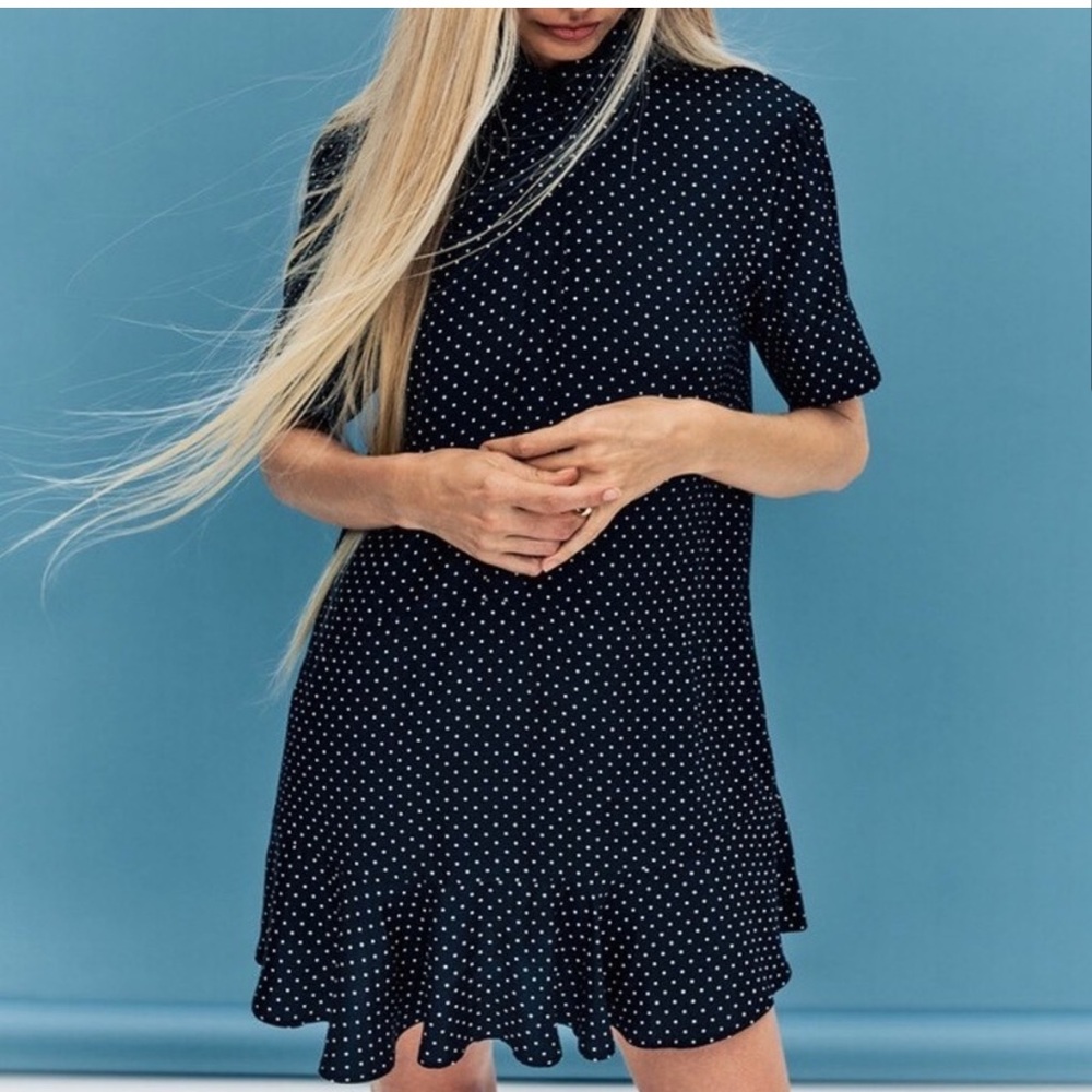Goop G. Label Denise Silk Polka Dot Ruffle Short Sleeve Mini Dress Navy White